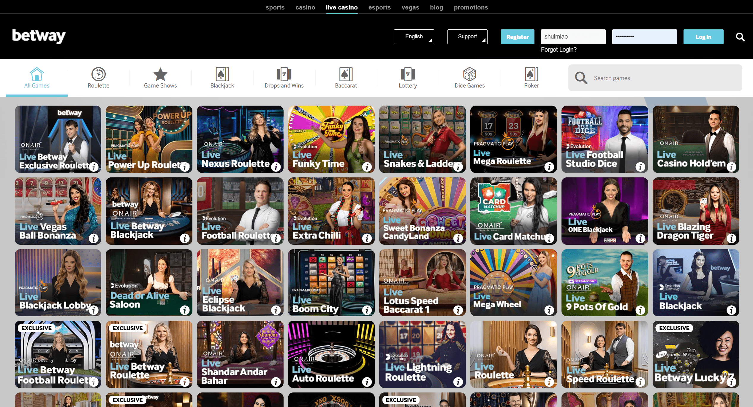 Betway Live Casino All Types
