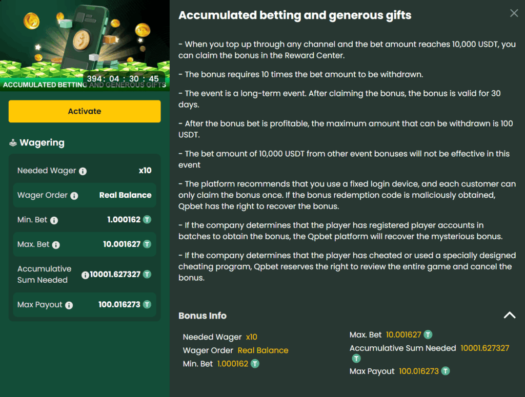 QPBET’s “Accumulated betting and generous gifts” promotion