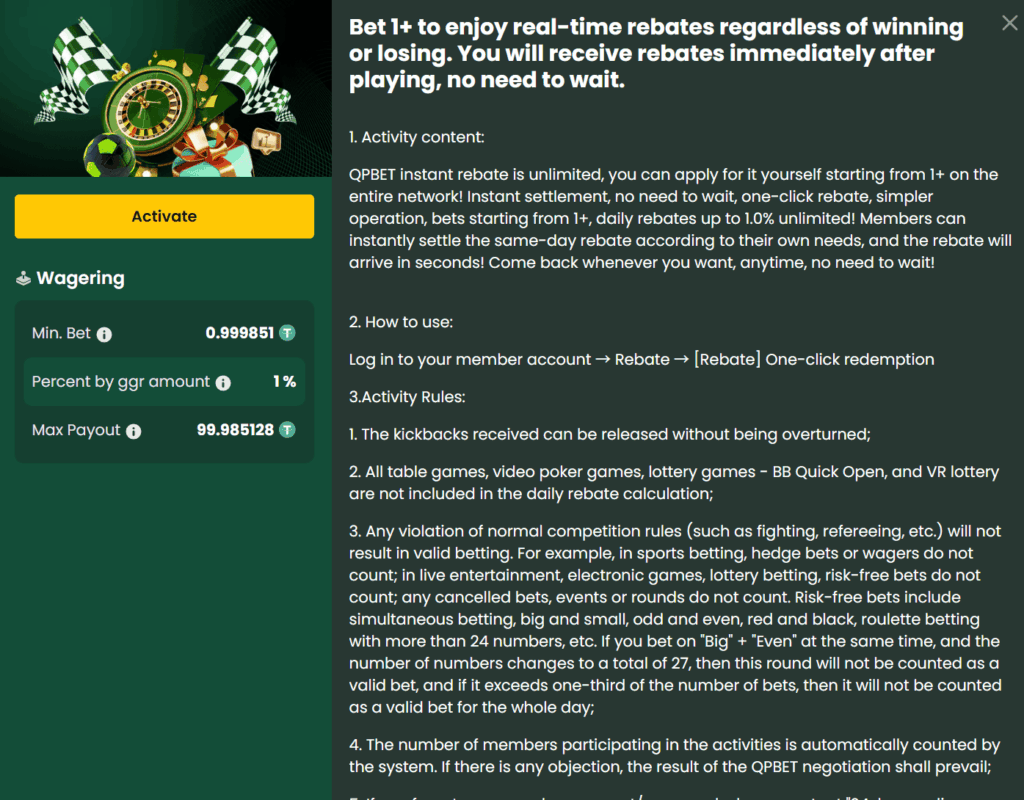 QPBET’s “Bet 1+ to enjoy real-time rebates regardless of winning or losing” promotion