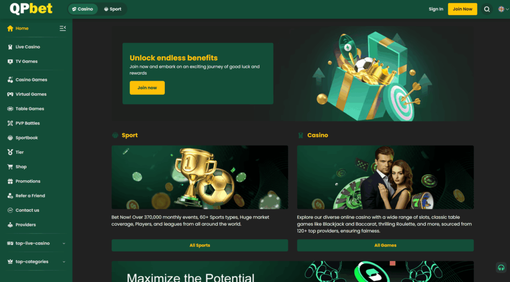 Screenshot of QPBET homepage