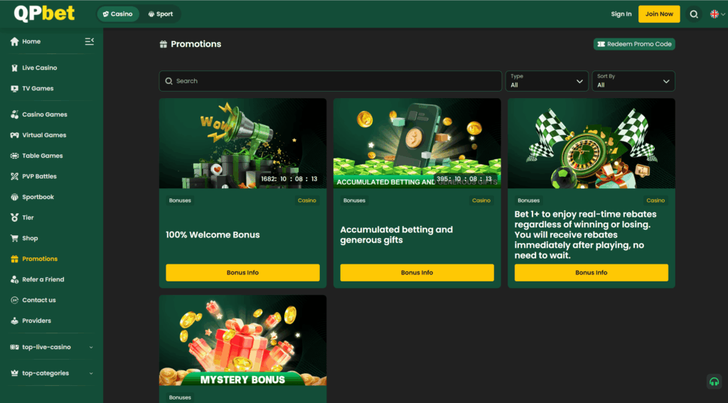 Screenshot of QPBET promotion