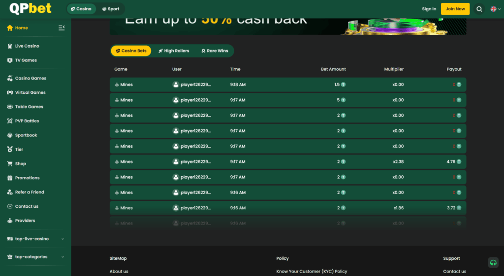 Screenshot of QPBET users placing bets in real time